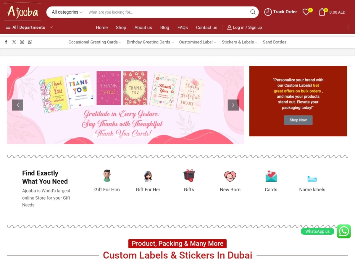 Screenshot of the Ajooba LLC online store showing greeting cards, gifts and personalised labels