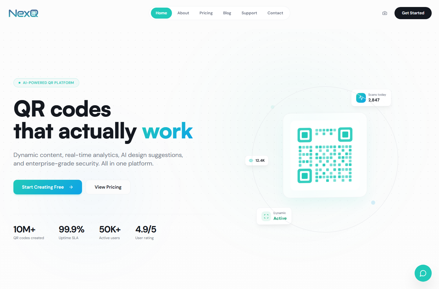 Live NexQR dynamic QR code platform website