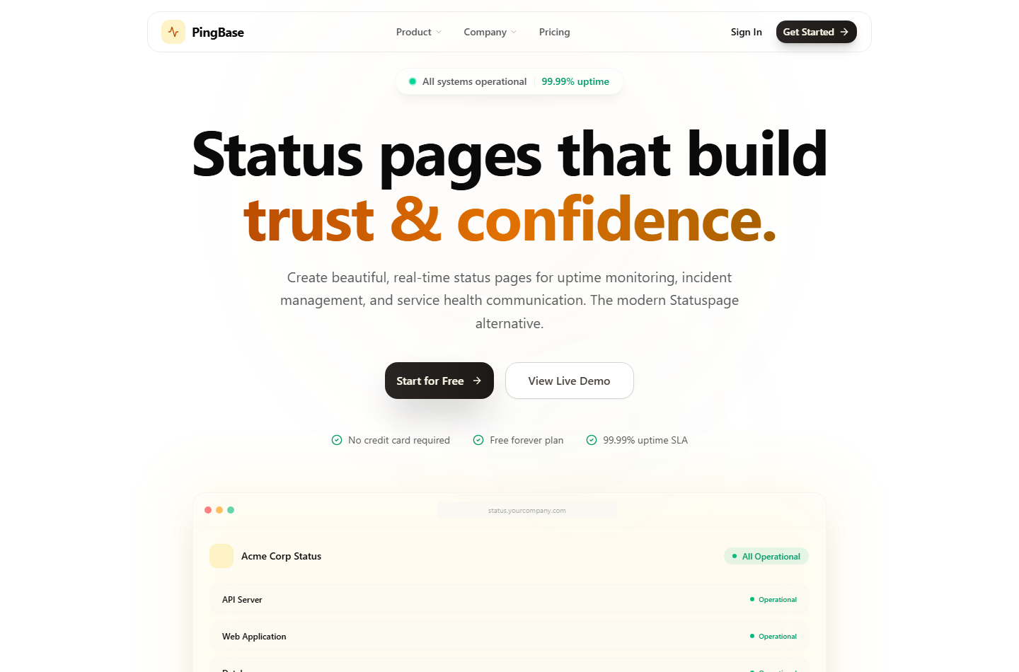 Live PingBase status page and uptime monitoring website
