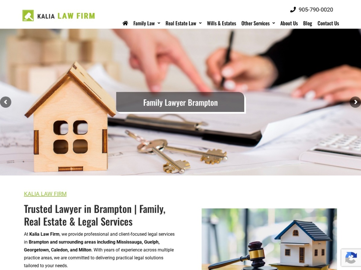 Screenshot of the Kalia Law Firm website showing its navigation, legal services and homepage hero